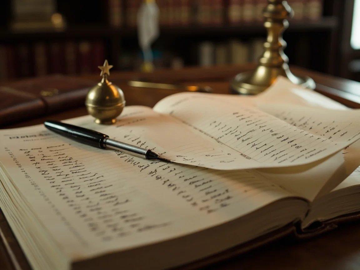 An open leather-bound ledger on a walnut desk showing handwritten state-by-state rows, a fountain pen across the open page
