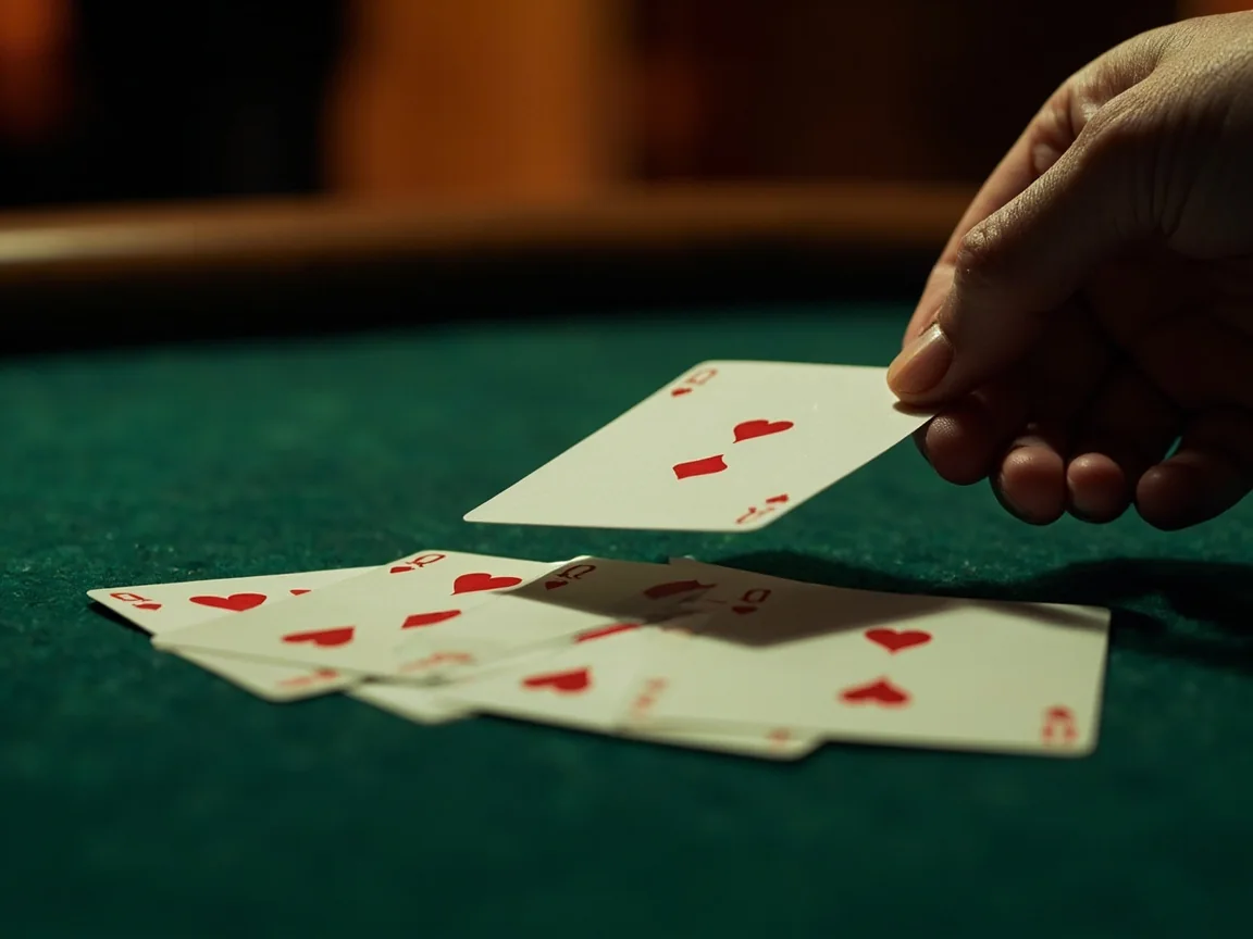 Three queen-of-hearts cards fanned slightly, with a fourth queen-of-hearts drawn mid-air by a player's fingers
